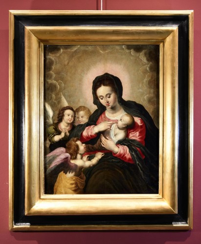 Vierge à l'Enfant Avec Trois Anges, Hendrick Van Balen (Anvers 1575-1632) Atelier De - Tableaux et dessins Style Louis XIII