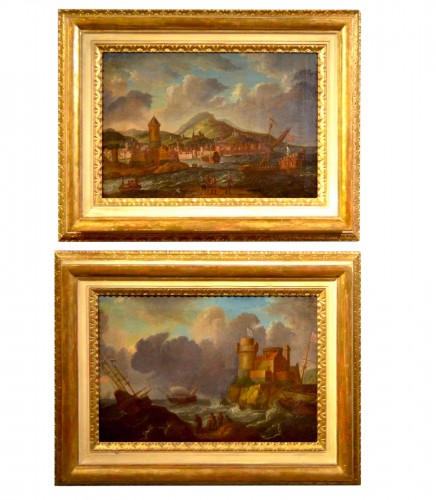 Paire de paysages côtiers, Italie 17e siècle