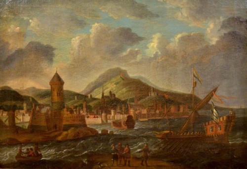 Paire de paysages côtiers, Italie 17e siècle - Tableaux et dessins Style Louis XIV