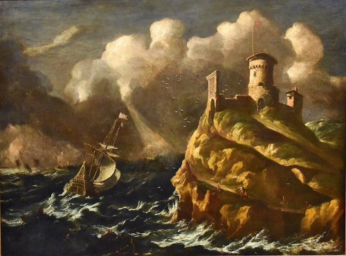 Stormy Sea With Sailing Ship - workshop of, Salvator Rosa (1615 - 1673) - Paintings & Drawings Style Louis XIII