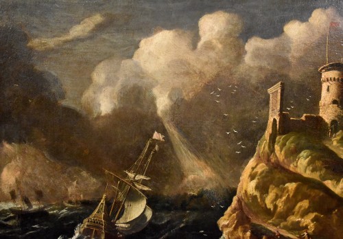 Antiquités - Mer orageuse avec voilier - Atelier de Salvator Rosa (1615 - 1673)