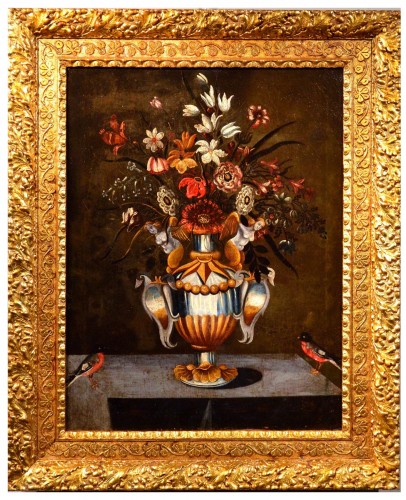 Fleurs dans un vase classique, Maître du vase aux grotesque (actif à Rome et à Naples dans le premier quart du XVIIe siècle