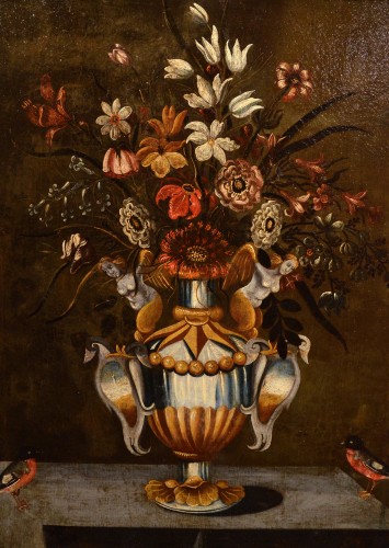 Fleurs dans un vase classique, Maître du vase aux grotesque (actif à Rome et à Naples dans le premier quart du XVIIe siècle - Tableaux et dessins Style Louis XIII