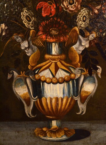XVIIe siècle - Fleurs dans un vase classique, Maître du vase aux grotesque (actif à Rome et à Naples dans le premier quart du XVIIe siècle