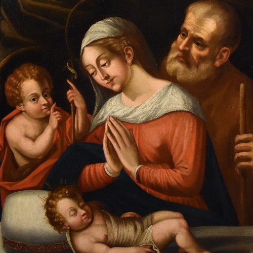 Tableaux et dessins Tableaux XVIIe siècle - La Sainte Famille avec saint Jean-Baptiste , cercle de Battista Ramenghi (1521 - 1601)