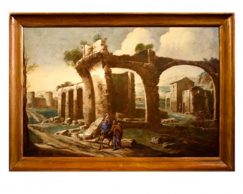 Antonio Travi dit "sestri" (1608 - 1665), Paysage avec ruines et scène biblique