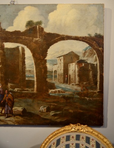 Tableaux et dessins Tableaux XVIIe siècle - Antonio Travi dit "sestri" (1608 - 1665), Paysage avec ruines et scène biblique