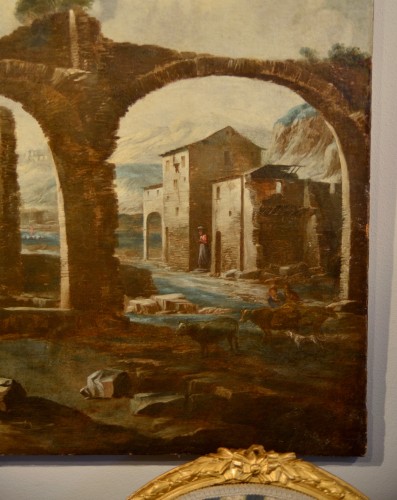 Antonio Travi dit "sestri" (1608 - 1665), Paysage avec ruines et scène biblique - Antichità Castelbarco