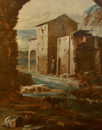 XVIIe siècle - Antonio Travi dit "sestri" (1608 - 1665), Paysage avec ruines et scène biblique