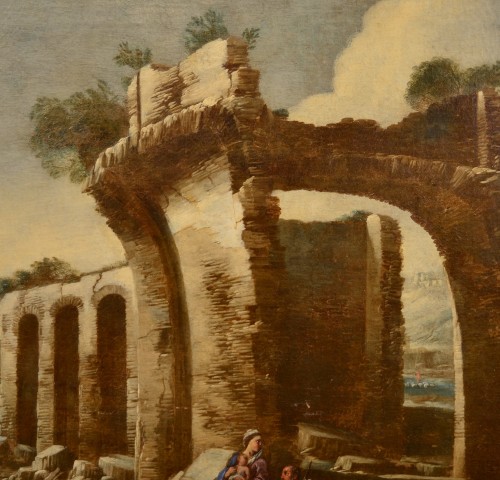 Antiquités - Antonio Travi dit "sestri" (1608 - 1665), Paysage avec ruines et scène biblique