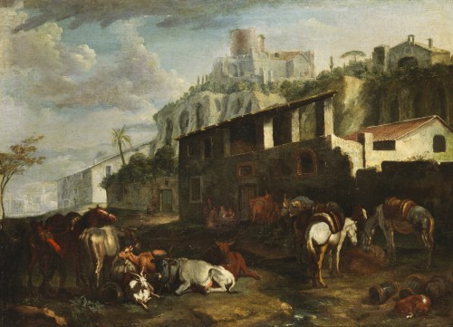 Pieter Van Bloemen (1674-1720), Vue de Rome avec une scène de campagne - Tableaux et dessins Style Louis XIV