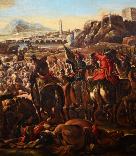 Ilario Mercanti Spolverini (1657 - 1734) , Scène de bataille avec affrontement de cavalerie - Louis XIV