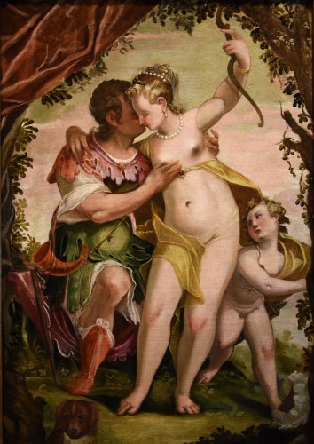 Vénus et Adonis avec Cupidon, cercle de Paolo Caliari dit Véronèse (1528 - 1588) - Tableaux et dessins Style Louis XIII