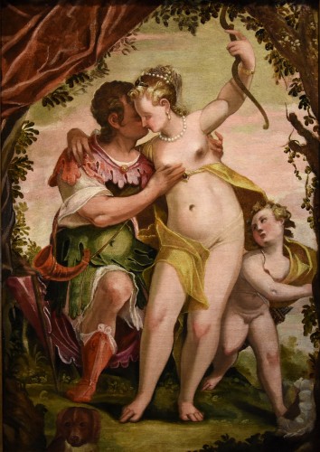 Vénus et Adonis avec Cupidon, cercle de Paolo Caliari dit Véronèse (1528 - 1588) - Tableaux et dessins Style Louis XIII