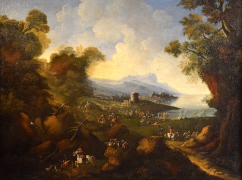 Pandolfo Reschi (1643 - 1699) - Paysage côtier avec château et scène de bataille