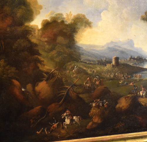 Tableaux et dessins Tableaux XVIIe siècle - Pandolfo Reschi (1643 - 1699) - Paysage côtier avec château et scène de bataille