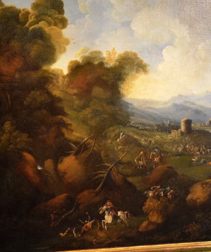 Pandolfo Reschi (1643 - 1699) - Paysage côtier avec château et scène de bataille - Antichità Castelbarco