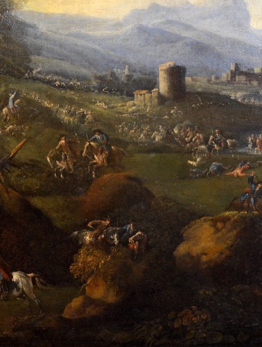 XVIIe siècle - Pandolfo Reschi (1643 - 1699) - Paysage côtier avec château et scène de bataille