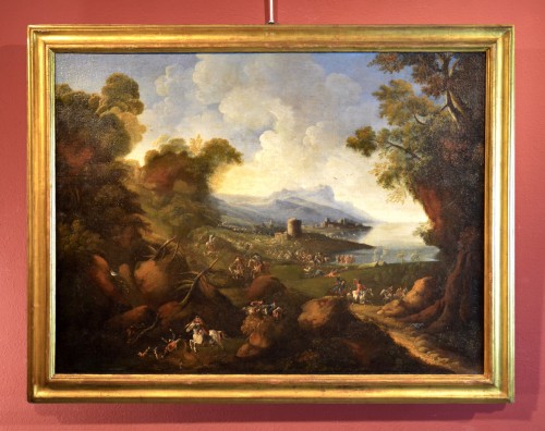 Pandolfo Reschi (1643 - 1699) - Paysage côtier avec château et scène de bataille - Louis XV