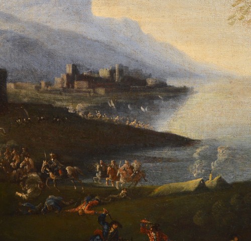 Louis XV - Pandolfo Reschi (1643 - 1699) - Paysage côtier avec château et scène de bataille
