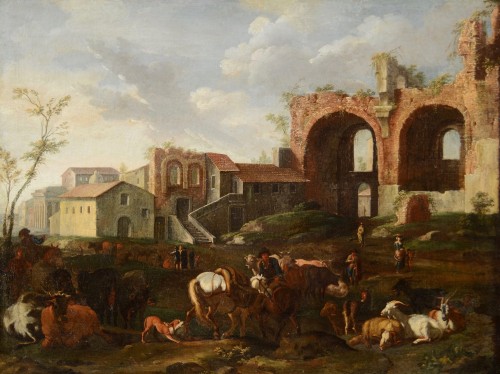 Pieter Van Bloemen (1674-1720), Vue de Rome avec la scène de campagne - Tableaux et dessins Style Louis XIV