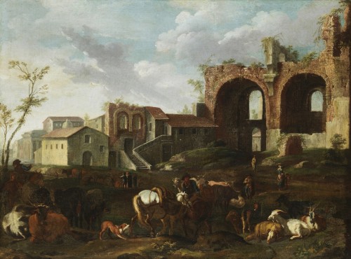 Tableaux et dessins Tableaux XVIIe siècle - Pieter Van Bloemen (1674-1720), Vue de Rome avec la scène de campagne