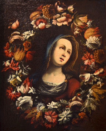 Guirlande de fleurs avec la Vierge, ateleier de Giovanni Stanchi (rome 1608 - 1675) 