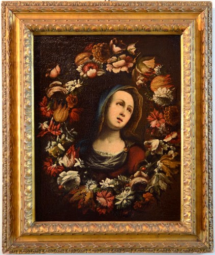Guirlande de fleurs avec la Vierge, ateleier de Giovanni Stanchi (rome 1608 - 1675)  - Tableaux et dessins Style Louis XIII