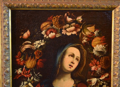 Tableaux et dessins  - Guirlande de fleurs avec la Vierge, ateleier de Giovanni Stanchi (rome 1608 - 1675) 