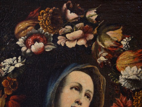 Guirlande de fleurs avec la Vierge, ateleier de Giovanni Stanchi (rome 1608 - 1675)  - Antichità Castelbarco