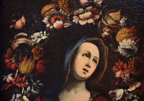 XVIIe siècle - Guirlande de fleurs avec la Vierge, ateleier de Giovanni Stanchi (rome 1608 - 1675) 