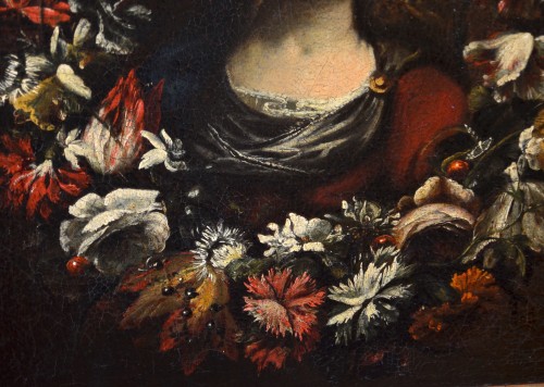 Guirlande de fleurs avec la Vierge, ateleier de Giovanni Stanchi (rome 1608 - 1675)  - Louis XIII