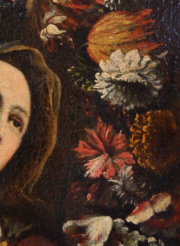 Louis XIII - Guirlande de fleurs avec la Vierge, ateleier de Giovanni Stanchi (rome 1608 - 1675) 