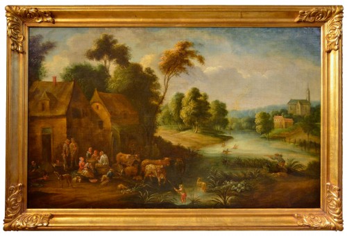 Paysage fluvial avec scène de village, Adrien Frans Boudewijns (1644-1711)