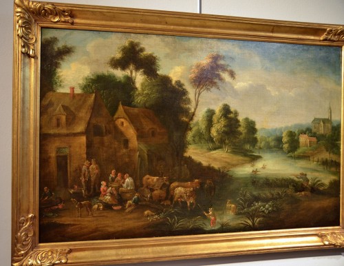 Tableaux et dessins Tableaux XVIIe siècle - Paysage fluvial avec scène de village, Adrien Frans Boudewijns (1644-1711)