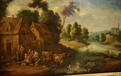 Paysage Fluvial Avec Scène De Village, Adrien Frans Boudewijns (bruxelles16 - 