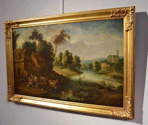 XVIIe siècle - Paysage fluvial avec scène de village, Adrien Frans Boudewijns (1644-1711)