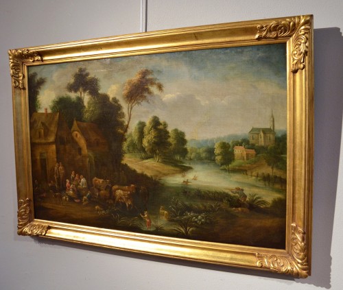 17th century - Paysage Fluvial Avec Scène De Village, Adrien Frans Boudewijns (bruxelles16