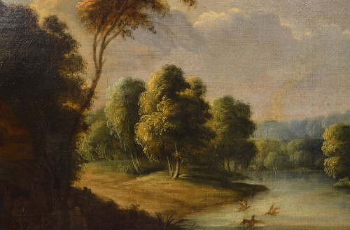 Antiquités - Paysage fluvial avec scène de village, Adrien Frans Boudewijns (1644-1711)