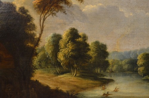 Antiquités - Paysage Fluvial Avec Scène De Village, Adrien Frans Boudewijns (bruxelles16