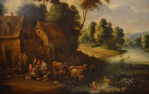 Antiquités - Paysage Fluvial Avec Scène De Village, Adrien Frans Boudewijns (bruxelles16