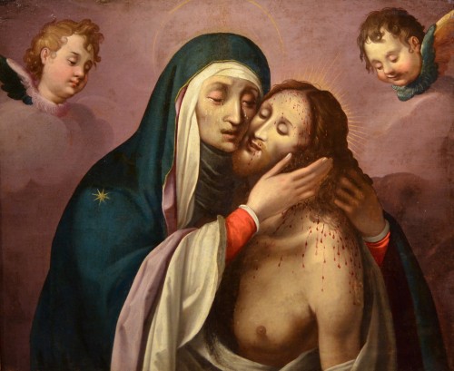Pietà aux ceux chérubins, peintre actif à Rome au XVIe siècle - Tableaux et dessins Style Louis XIII