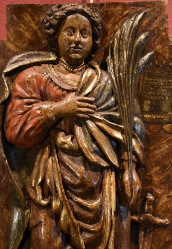 Panneau en haut-relief représentant Sainte-Barbe, Sud de la France 16e/17e Siècle - Louis XIII