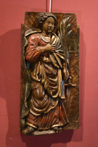 Antiquités - Panneau en haut-relief représentant Sainte-Barbe, Sud de la France 16e/17e Siècle