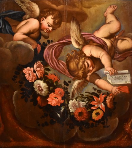 Paire d'anges à guirlande florale, Atelier de Carlo Maratta (1625 -1713) - Tableaux et dessins Style Louis XIV
