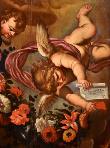 Tableaux et dessins Tableaux XVIIe siècle - Paire d'anges à guirlande florale, Atelier de Carlo Maratta (1625 -1713)