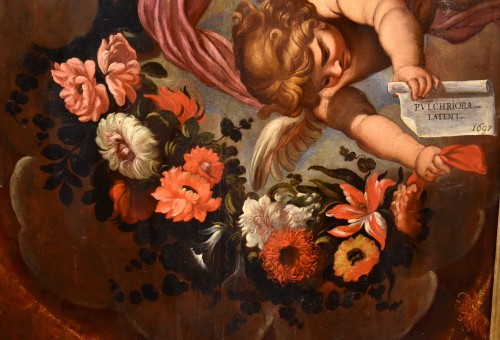 XVIIe siècle - Paire d'anges à guirlande florale, Atelier de Carlo Maratta (1625 -1713)