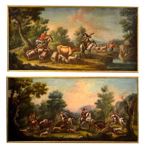 Maitre Piémontaise 18e siècle, scène de chasse /Le repos des bergers