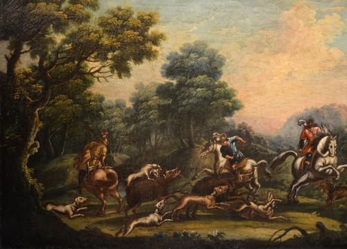 Maitre Piémontaise 18e siècle, scène de chasse /Le repos des bergers - Tableaux et dessins Style Louis XV