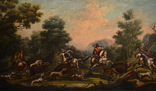 Tableaux et dessins Tableaux XVIIIe siècle - Maitre Piémontaise 18e siècle, scène de chasse /Le repos des bergers